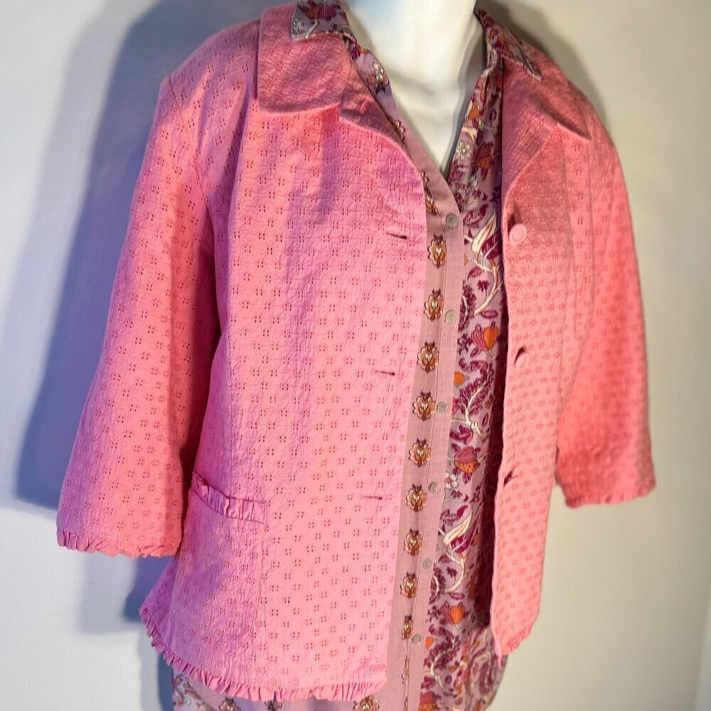 Susan Graver SZ 2X Pink Eyelet Embroidered Jacket Feminine Coquette Cottage